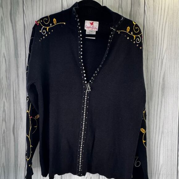 Quacker Factory Women Christmas Holly Berry Black Zip Up Cardigan L Bead Sweater - Picture 1 of 7